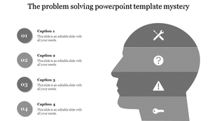 Grey themed problem solving slide with steps including tools, questions, warnings, and solutions represented with icons.