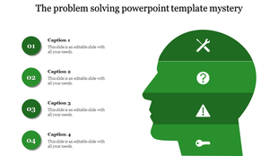 Segmented green human head silhouette with problem solving icons, paired with four numbered captions on the left.