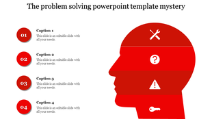 Problem solving PowerPoint slide with icons of a wrench, question mark, warning sign, and key inside a red silhouette head.