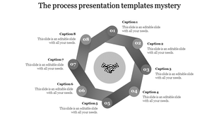 Purple octagonal process flow with numbered nodes from 01 to 08 encircling a handshake icon, aligned with captions.