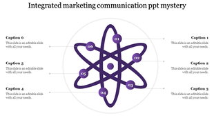 Purple themed marketing communication template featuring an atomic structure with six numbered points and text boxes.