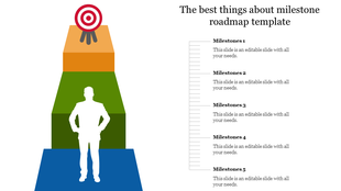 A milestone roadmap template with a colorful three layered path leading to a target, featuring a silhouette figure.