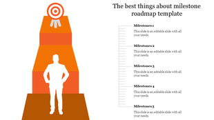 Layered gold pyramid with silhouette figure ascending towards a target icon, connected to five milestone captions.