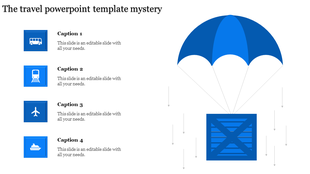 Travel template with four blue icons on the left and a parachute with a cargo box on the right on a white background.