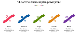 Business plan slide with five curved arrows in red, blue, green, orange, and purple, each linked to an icon and text.