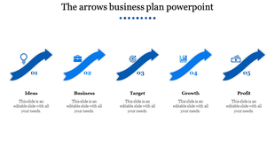 Arrow flow diagram in a blue themed business plan PPT slide showing steps from ideas to profit with icons and text area.