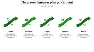 Five red arrows with icons for lightbulb, briefcase, target, growth chart, and money, representing business steps.
