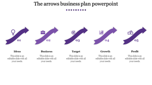 Business plan slide with five purple arrows, corresponding icons, and black text, all set against a white background.