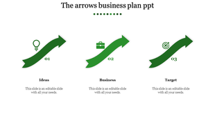 Green arrows business plan PowerPoint template focusing on ideas, business, and target stages with icons and captions.