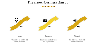 Slide with three yellow arrows pointing upward, each representing a different business step with icons.