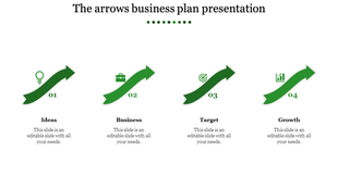 Sequential red arrows with icons and labels for ideas, business, target, and growth under a bold title.