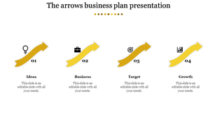 Yellow arrows business plan PPT slide featuring stages on ideas, business, target, and growth with icons and text area.