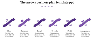 Business plan template with six colorful arrows for ideas, business, target, growth, profit, and management.