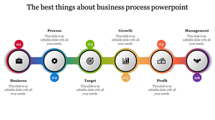 Business process PPT slide with colorful icons representing business, process, target, growth, profit, and management.