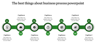 Business process PPT slide with seven stages from ideas to cash with green coded icons in circular sections and captions.