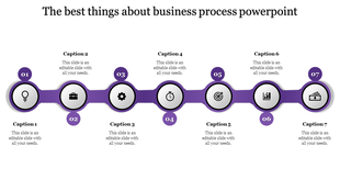 Business process template with eight colorful circles linked in a gradient sequence, each labeled with a caption.
