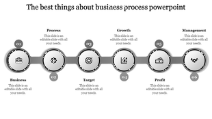 Horizontal sequence of six gray circular icons, each labeled with a caption and representing business process step.