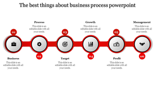 Gray arrow graphics labeled 01 to 06 depicting business stages with matching icons and captions areas.