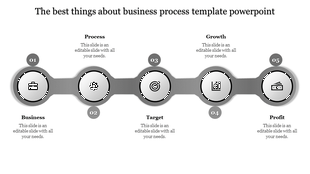 Sequential diagram with five numbered graycircles, each with a corresponding caption and icon representing business steps.