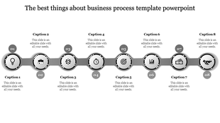 Grey business process template with eight stages with icons from lightbulb to handshake with captions and placeholder text.
