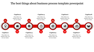 Red business process template with eight stages with icons from lightbulb to handshake with captions and placeholder text.
