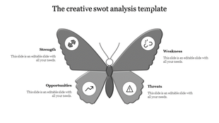 Red butterfly SWOT layout slide with symbolic icons for Strength, Weakness, Opportunities, and Threats.