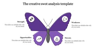 SWOT analysis template featuring a butterfly design with purple wings, each labeled with one of the four analysis categories.