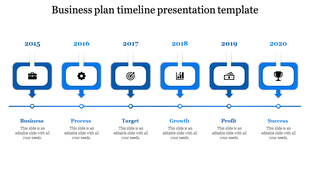Timeline template for business plan with stages from Business to Success from 2015 to 2020 with blue sections and icons.