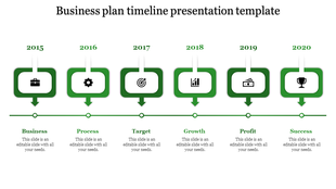 Business plan timeline with red boxes, downward arrows, and icons for business, process, target, growth, profit, and success.