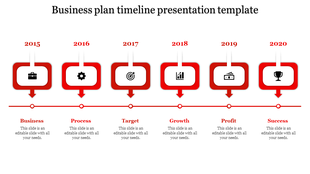 Business plan timeline with blue boxes, downward arrows, and icons for business, process, target, and growth.