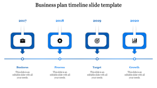Orange boxes on a timeline from 2017 to 2020 showing icons for business, process, target, and growth.