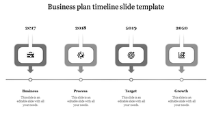Timeline PPT slide showing four years 2017 to 2020 with placeholder text areas and grey coded sections with icons.