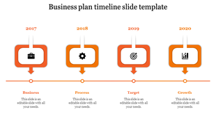 Business plan timeline with gold boxes, downward arrows, and icons for business, process, target, and growth.