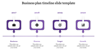 Timeline PPT slide showing four years 2017 to 2020 with placeholder text areas and purple coded sections with icons.