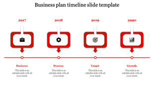 Timeline design with four red rectangular boxes for each year, connected by a line, showing key business milestones.