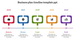 Timeline featuring five colored squares in red, blue, green, orange, and purple, each with icons, in a horizontal line.