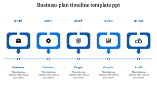 Orange timeline boxes with icons representing business, process, target, growth, and profit from 2016 to 2020.