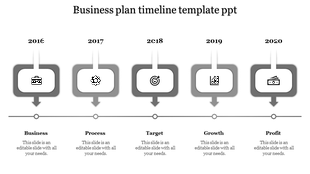 Business plan timeline slide with stages from Business to Profit, from 2016 to 2020 with placeholder text and grey icons.