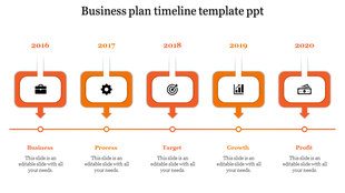 Yellow timeline boxes with icons representing business, process, target, growth, and profit from 2016 to 2020.
