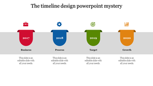 Timeline with green drop shaped year markers from 2016 to 2020, featuring icons for key business phases.