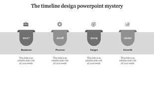 Timeline with purple drop shaped markers for 2017 to 2020, showing icons for business growth stages.