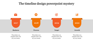 Horizontal timeline with four orange colored rounded shapes on gray segment, each featuring a different year and label.