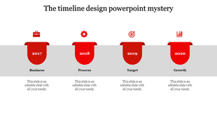 Red timeline design PowerPoint template with stages of Business, Process, Target, and Growth for 2017 to 2020 with icons.
