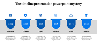 Timeline layout featuring blue tab shaped icons for years 2015 to 2020, with gray sections in between.