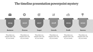 Horizontal timeline with six purple gradient tabs labeled chronologically from 2015 to 2020 with icons and captions.