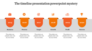 Timeline design with six orange tab like elements above gray background sections, each showing a year and icon.
