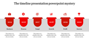Business timeline slide with steps from Business to Success for each year from 2015 to 2020 with red icons and text.