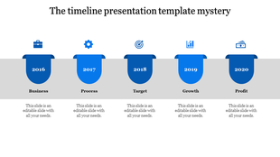 Timeline slide with steps of Business, Process, Target, Growth, and Profit from 2016 to 2020 on a blue section with icons.