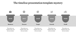 A grayscale timeline with five years marked by tab like shapes and icons above gray sections.