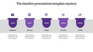 Horizontal timeline with purple shapes, including year markers from 2016 to 2020 and associated icons, over a gray backdrop.